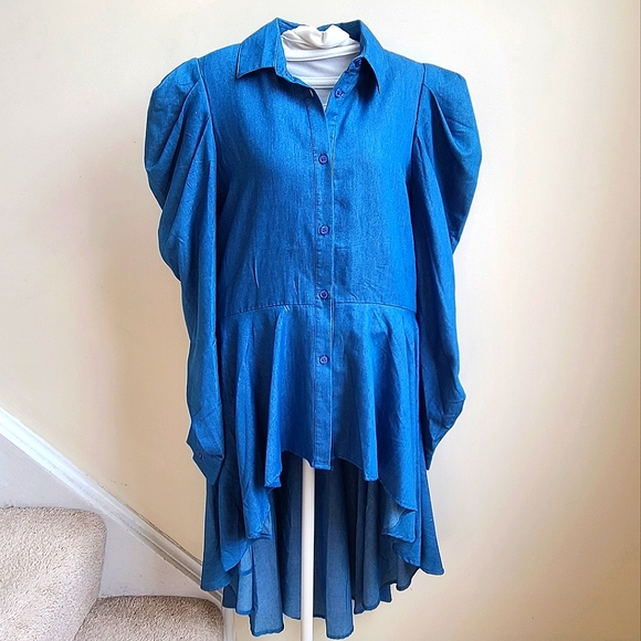 Akira "Try to Be Like You" Denim, High Low, Poplin, Long Sleeve Blouse - Picture 2 of 7